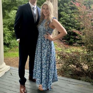 Melloday Smock Print Sleeveless Midi Dress - Blue and White